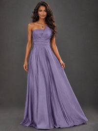 Draped Satin Prom Dress Strapless A-line Formal Dress Floor Length