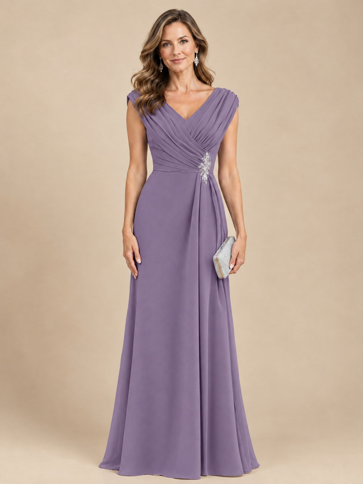 V Neck Pleated Mother of The Bride Dresses with Beading Cap Sleeves