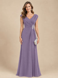 V Neck Pleated Mother of The Bride Dresses with Beading Cap Sleeves