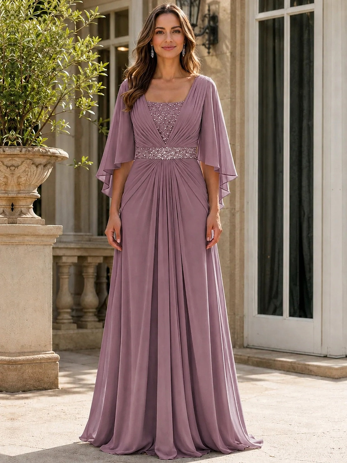 Elegant V-Neck Sequined Chiffon Mother of the Bride Dress with Flutter Sleeves