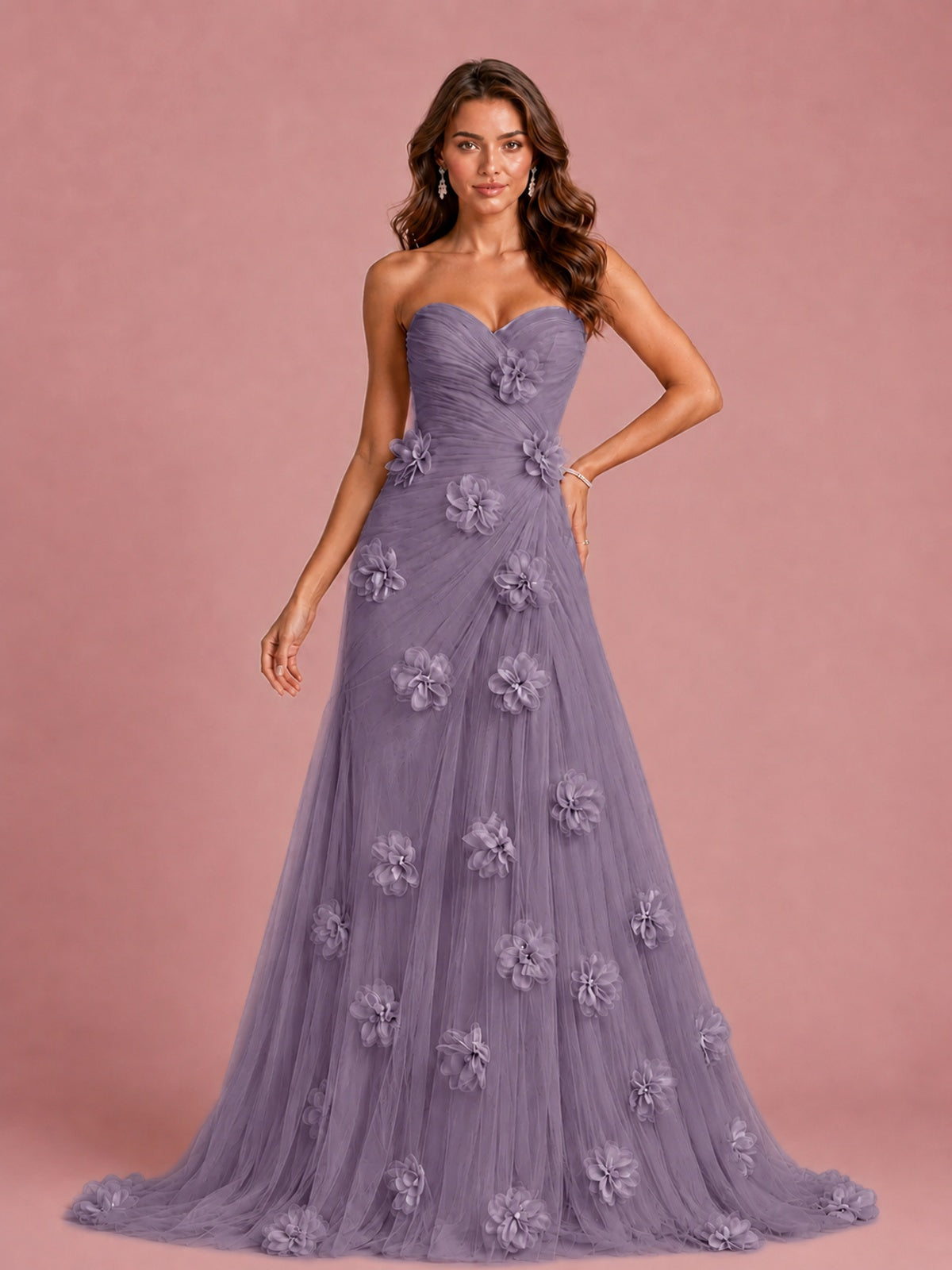 3D Floral Applique Strapless Tulle Prom Dress with High Slit