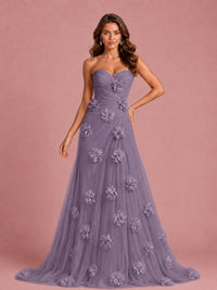 3D Floral Applique Strapless Tulle Prom Dress with High Slit