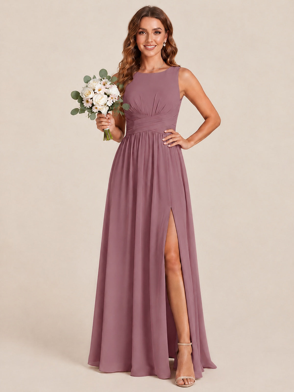 A-line Sleeveless Rucehd Chiffon Bridesmaid Dress with High Slit