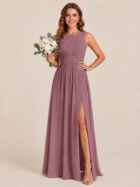 A-line Sleeveless Rucehd Chiffon Bridesmaid Dress with High Slit