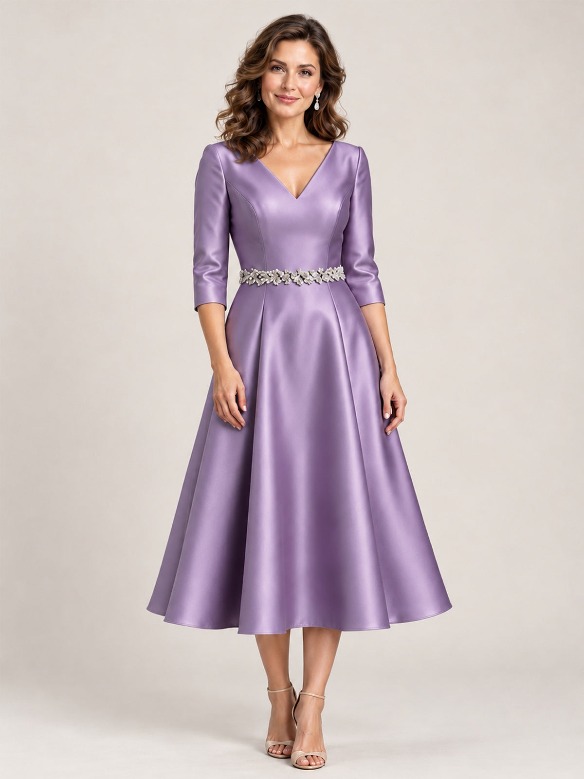 Wisteria V-Neck Tea-Length Mother of the Bride Dress with Embellished Waist