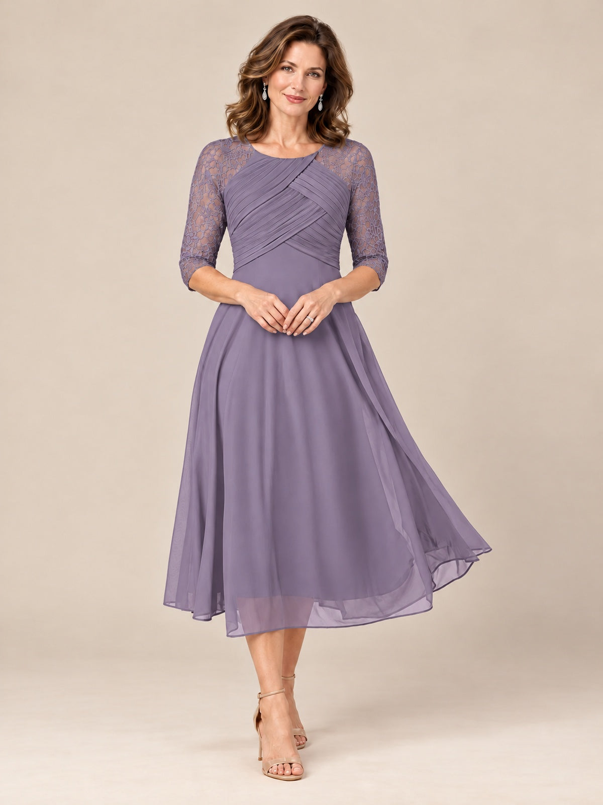 Wisteria-Lace Applique Pleated Tea Length Mother of The Bride Dresses