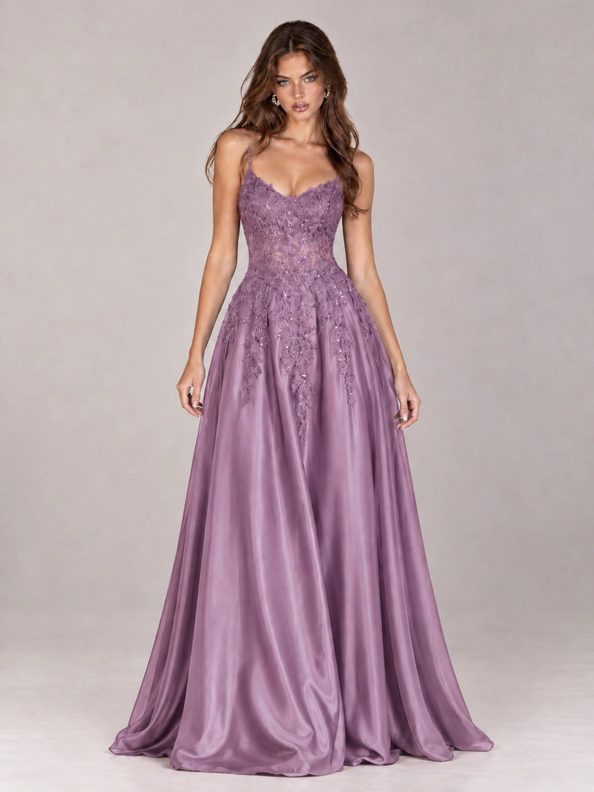 Lace Applique Satin A-Line Prom Dress with Sheer Bodice