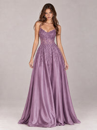 Lace Applique Satin A-Line Prom Dress with Sheer Bodice