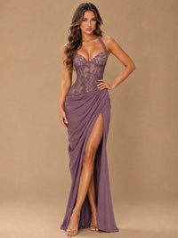 Sweetheart Halter Prom Dress Pleated Lace Floral Formal Dress with Slit