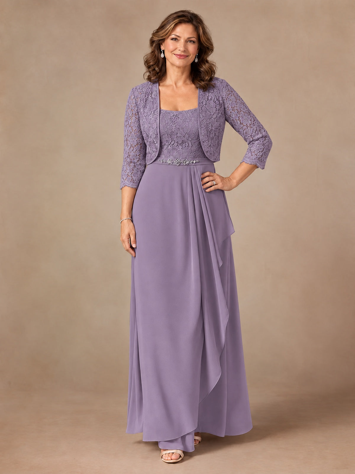 Blush Pink A-Line Mother of the Bride Dress with Lace Jacket and Ruffles