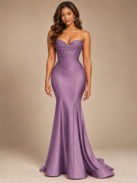 Red Strapless Satin Mermaid Prom Dress with Corset Bodice