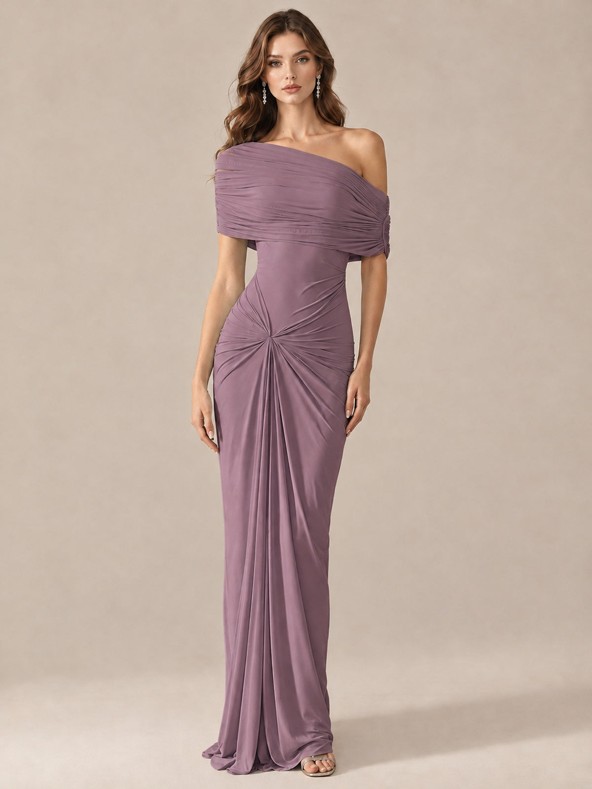 Elegant Draped Off Shoulder Ruched Mermaid Chiffon Formal Evening Gown