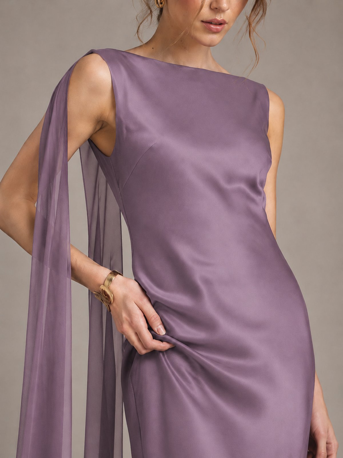 Burgundy Satin Mermaid Cape Maxi Dress