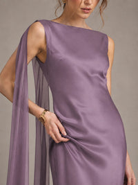 Burgundy Satin Mermaid Cape Maxi Dress
