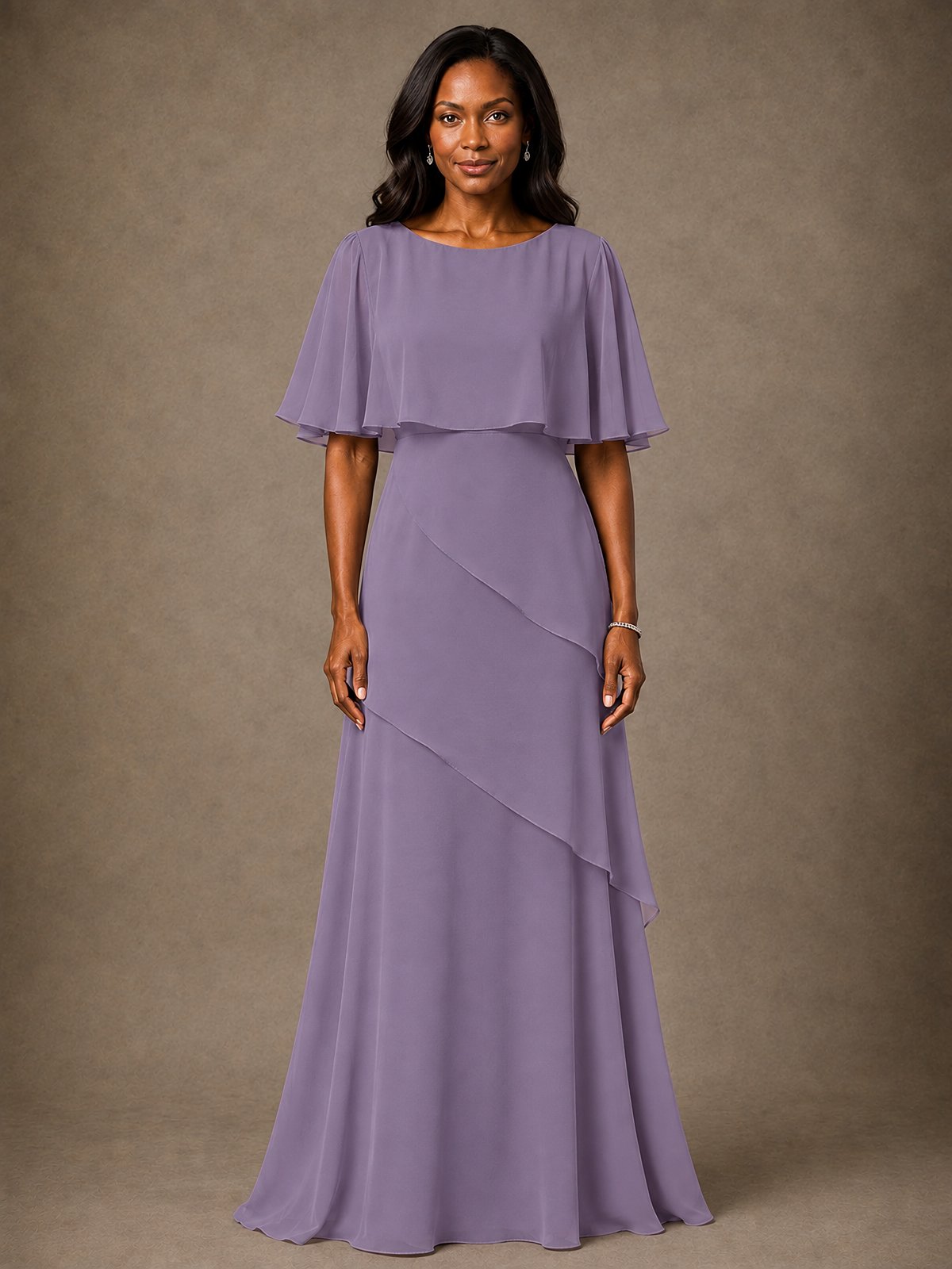 Taupe Chiffon A-Line Mother of the Bride Dress with Cape Sleeves