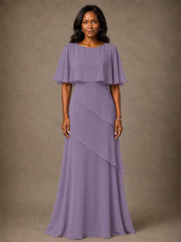 Taupe Chiffon A-Line Mother of the Bride Dress with Cape Sleeves