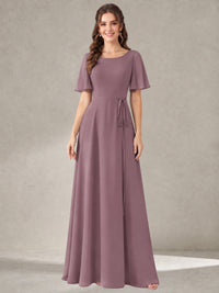 Wisteria Scoop Neck A-line Chiffon Bridesmaid Dress with Belt Flutter Sleeve Formal Wedding Guest Dress Evening Gown