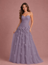 Blush Pink Strapless Sweetheart 3D Floral Tulle Ball Gown Prom Dres