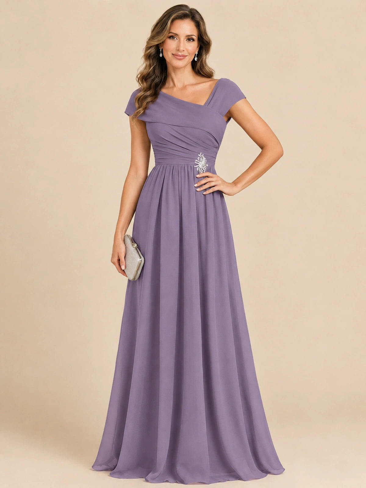 Cap Sleeve Mother of The Bride Dresses Long Chiffon Formal Gowns