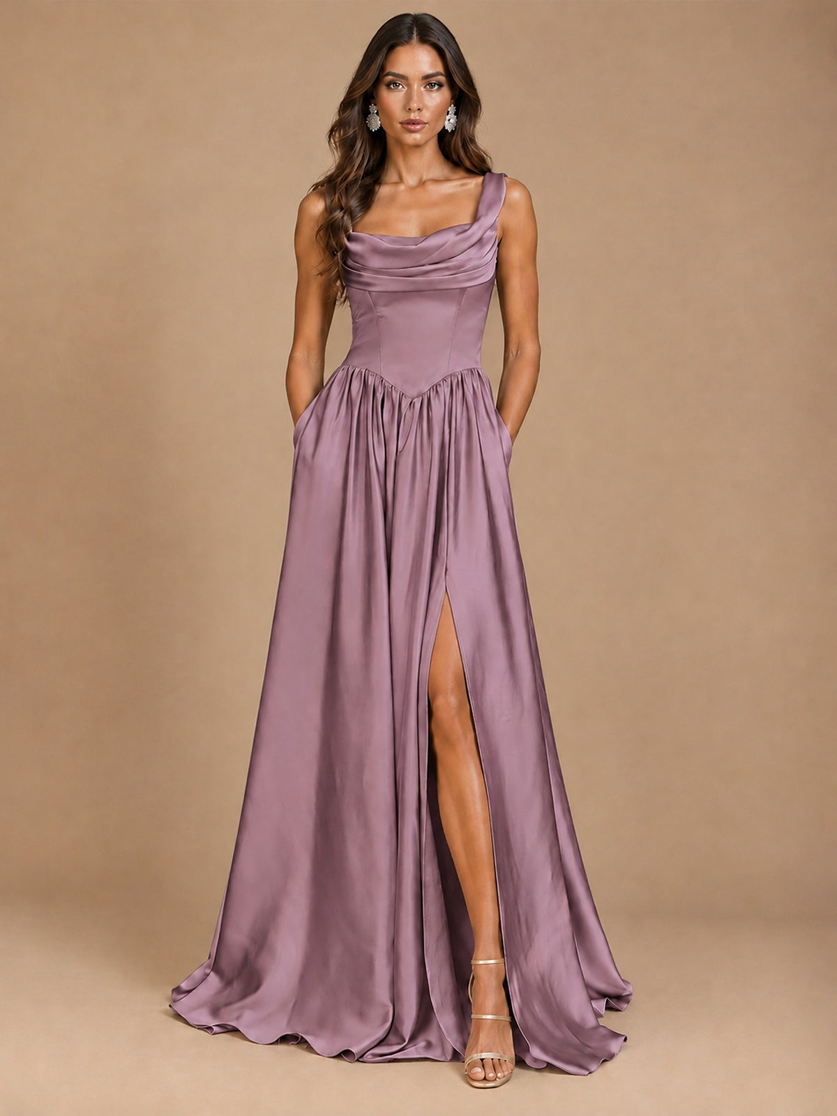 Cowl Neck Pleated Satin Prom Dress with Pockets & Slit Maxi Formal Gowns