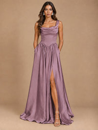 Cowl Neck Pleated Satin Prom Dress with Pockets & Slit Maxi Formal Gowns