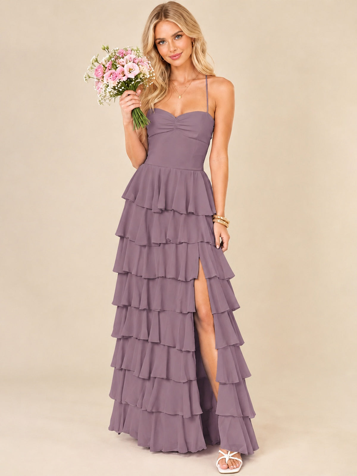 Ruffled Tiered Chiffon Prom Dress Spaghetti Straps Formal Maxi Dress with Slit