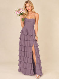 Ruffled Tiered Chiffon Prom Dress Spaghetti Straps Formal Maxi Dress with Slit