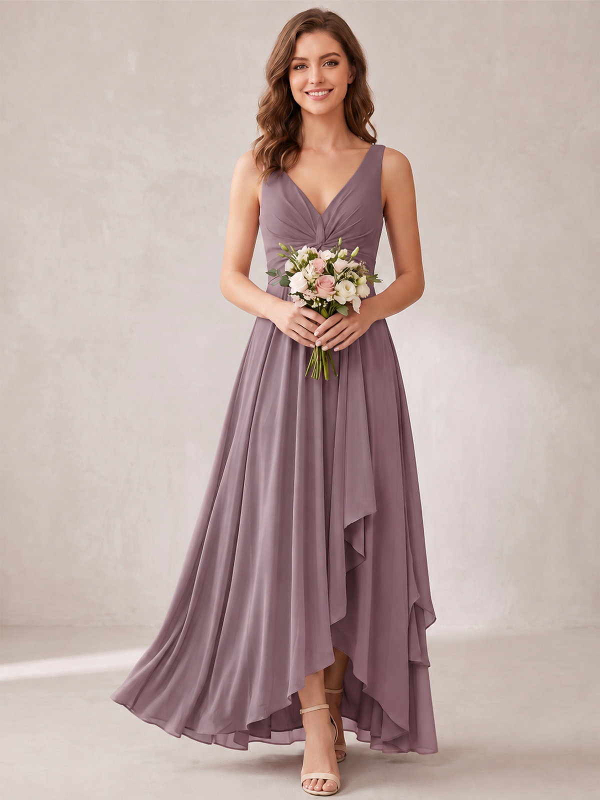 V-Neck High-Low Chiffon Bridesmaid Dress with Ruffles