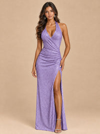Halter V-Neck Sequin Mermaid Prom Dress with High Slit