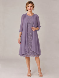 Wisteria-2 Piece Lace Appliques Chiffon Mother of The Bride Dress with Sequin
