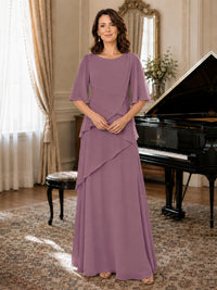 Asymmetric Draped Chiffon Mother of the Bride Dress with Flutter Sleeves