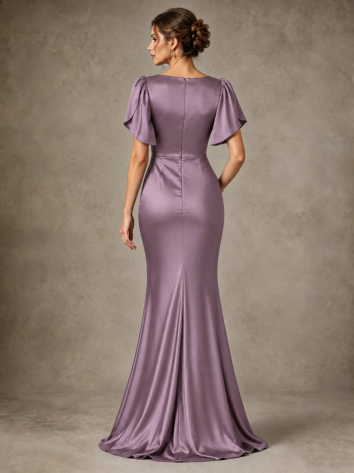 V-Neck Satin Mother of the Bride Dress with Flutter Sleeves