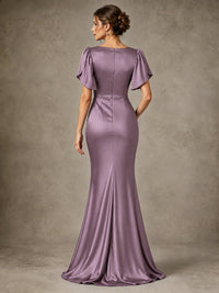 V-Neck Satin Mother of the Bride Dress with Flutter Sleeves