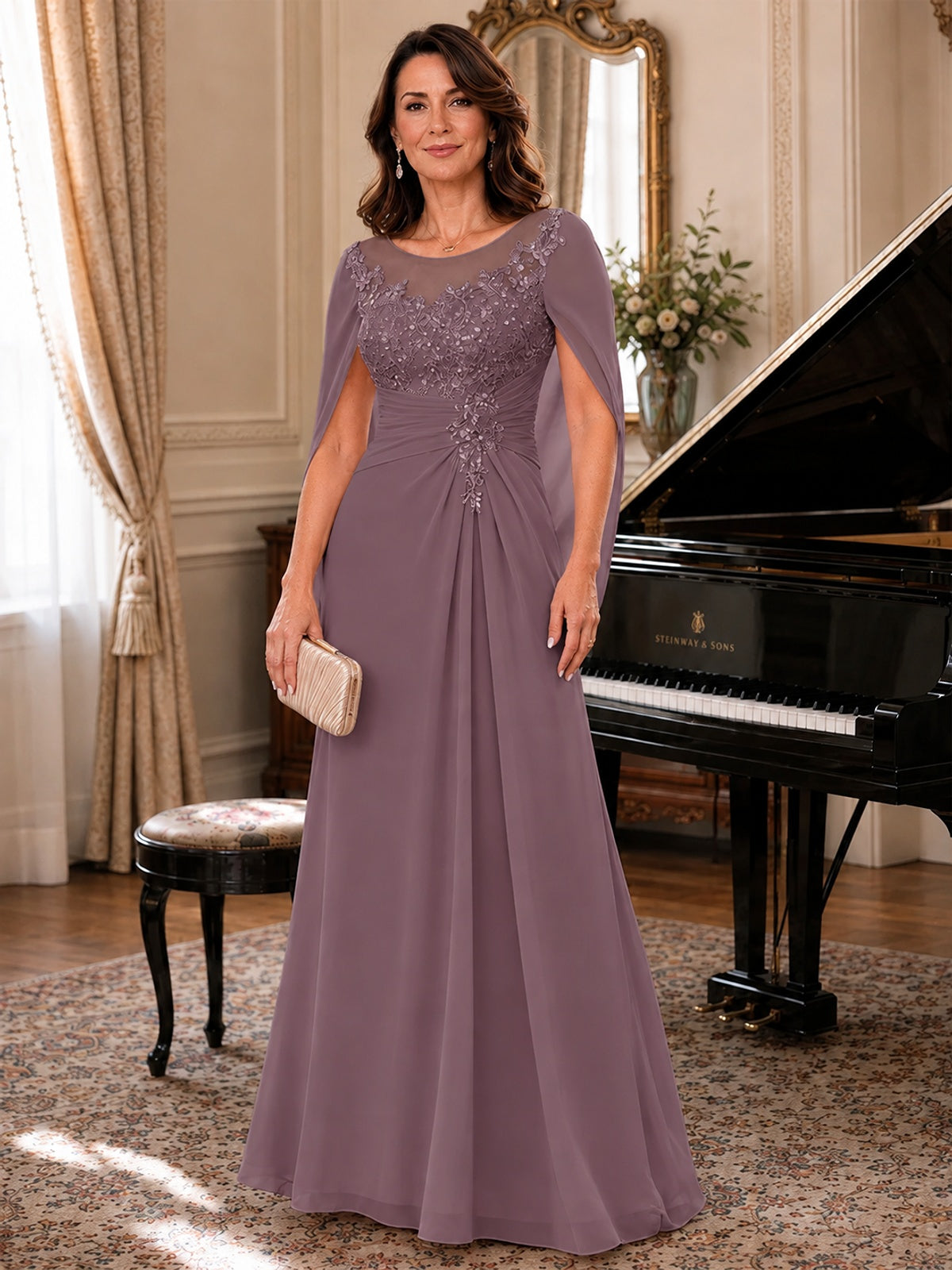 Elegant Applique Chiffon Mother of the Bride Dress with Cape Sleeves