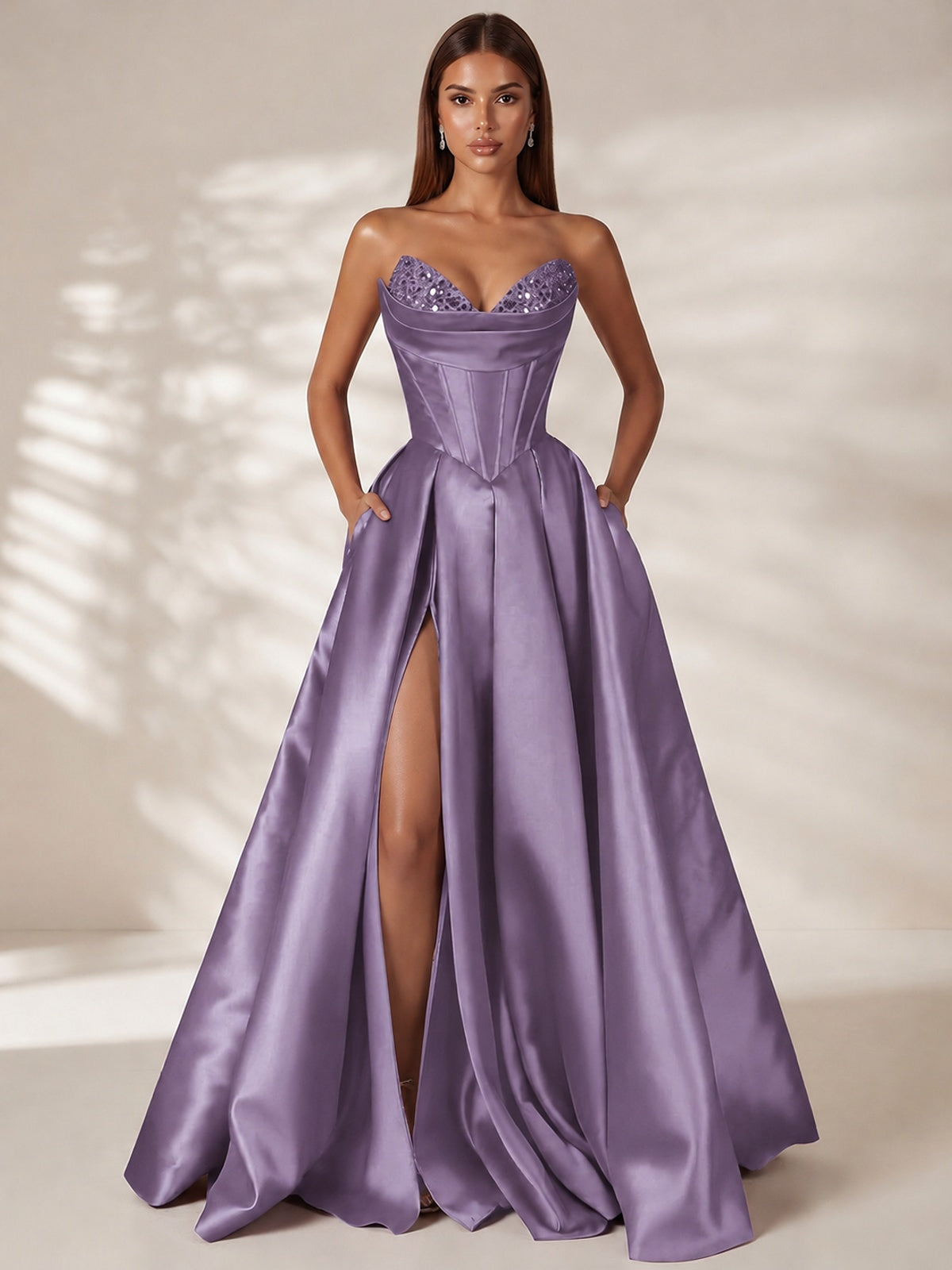 Wisteria Strapless Corset Satin Prom Dress Long Evening Gown with High Slit