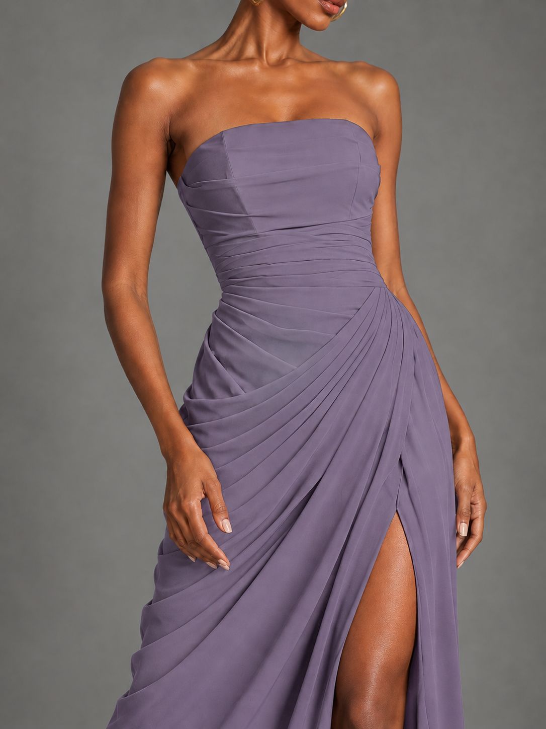 Strapless Bodycon Pleated Chiffon Formal Dress with Slit