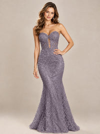 Strapless Corset Mermaid Prom Dress with Floral Lace Appliqué