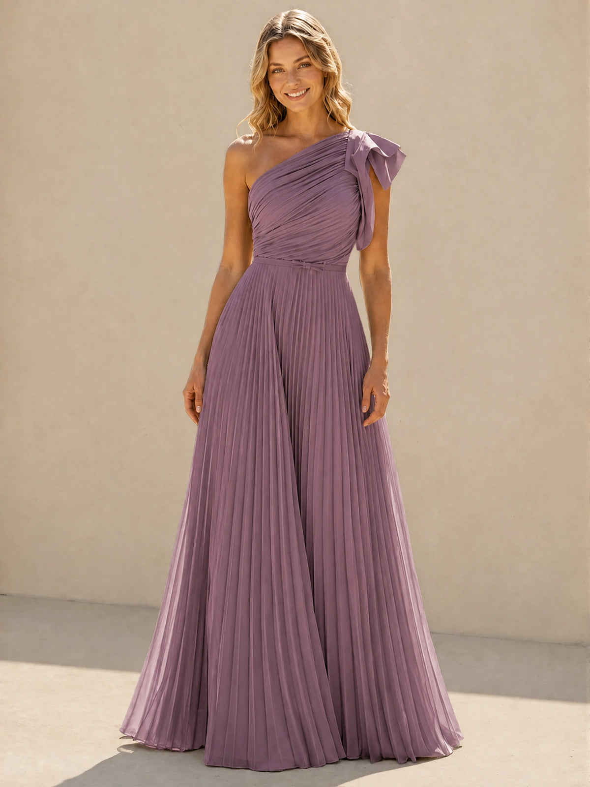 One Shoulder Pleated Chiffon A-Line Floor-Length Bridesmaid Dress