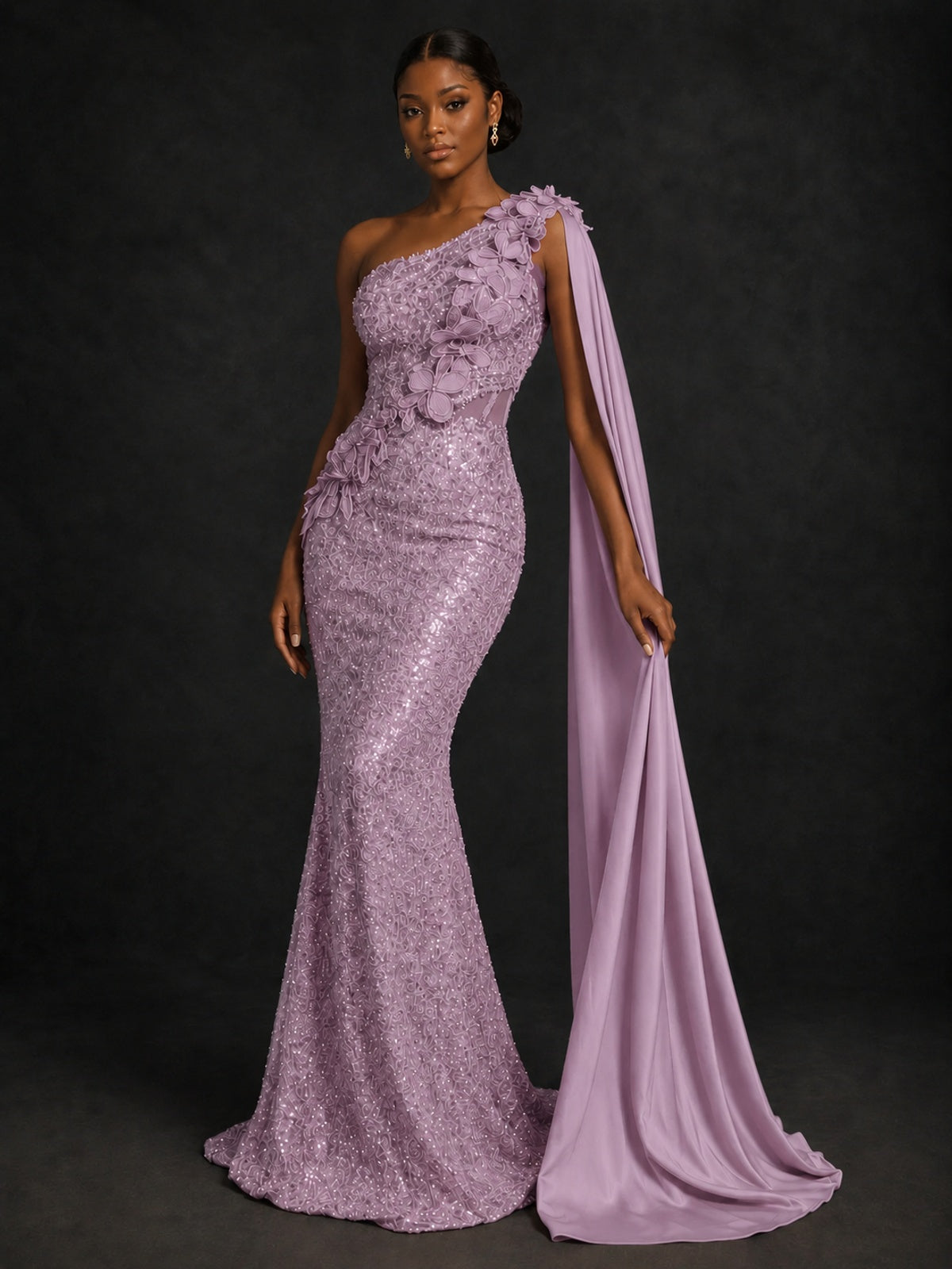 Gold Sequin One Shoulder Mermaid Prom Dress with Cape