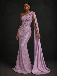 Gold Sequin One Shoulder Mermaid Prom Dress with Cape