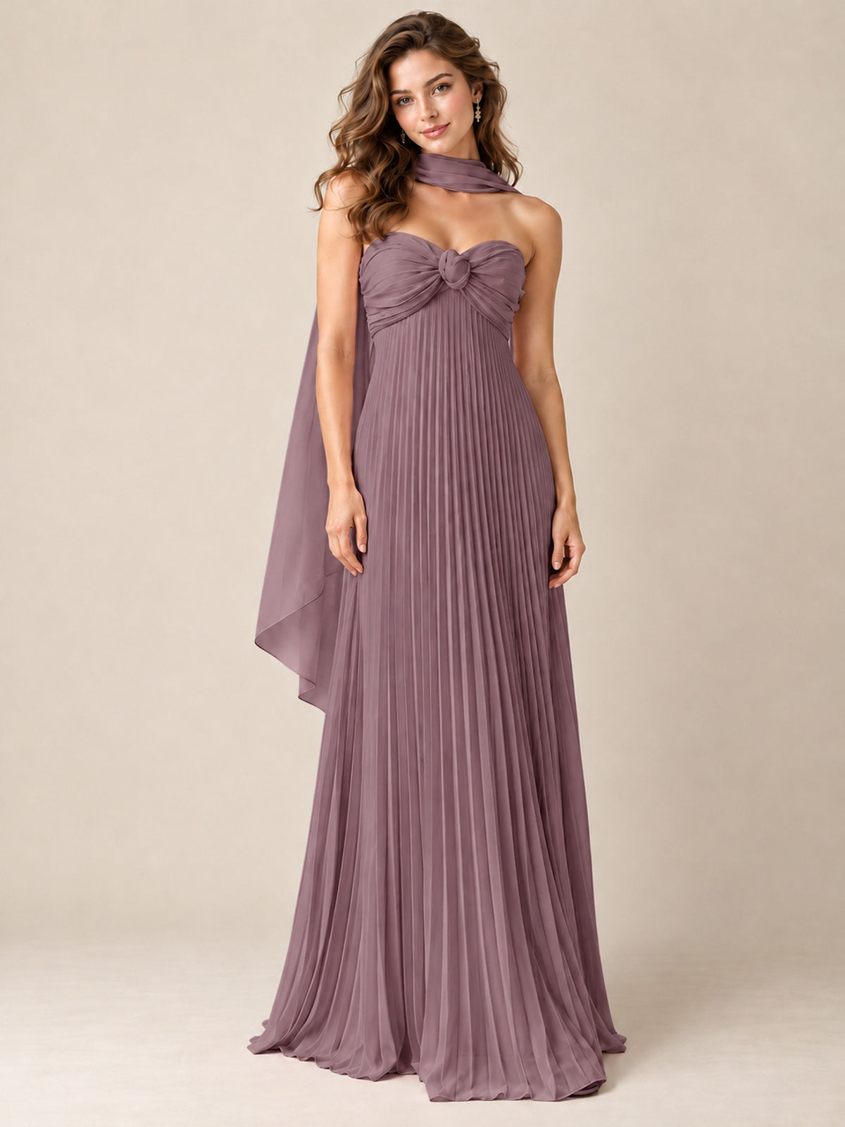 Sweetheart Neckline Pleated Prom Dress Strapless A-line Formal Dress with Flowy Scarf
