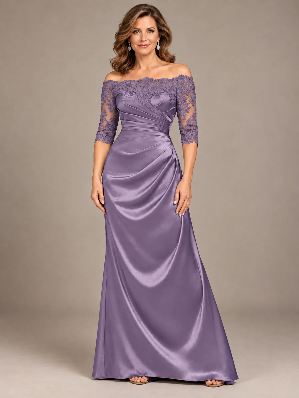 Satin Mother of the Bride Dress with Lace Sleeves Off Shoulder Formal Gown