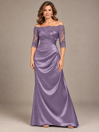 Satin Mother of the Bride Dress with Lace Sleeves Off Shoulder Formal Gown