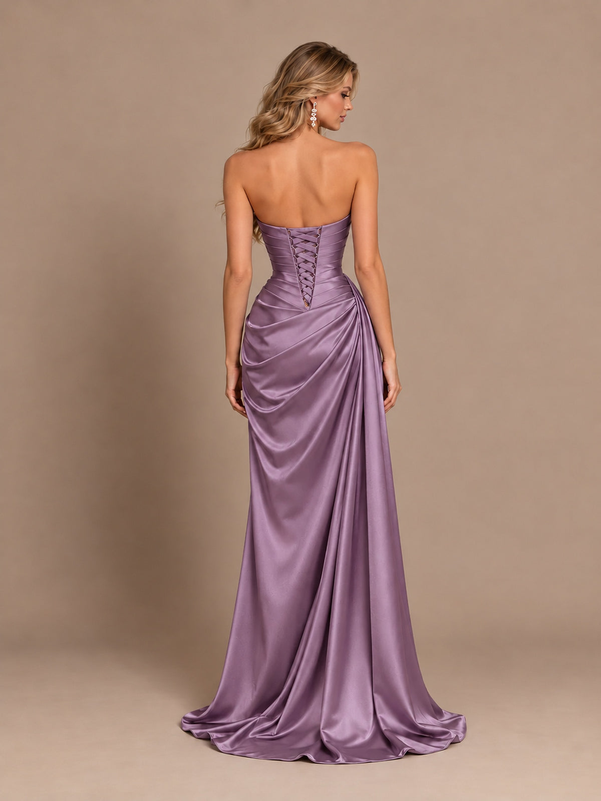 Dusty Blue Strapless Satin Prom Dress with Ruched Bodice and Slit