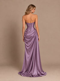 Dusty Blue Strapless Satin Prom Dress with Ruched Bodice and Slit