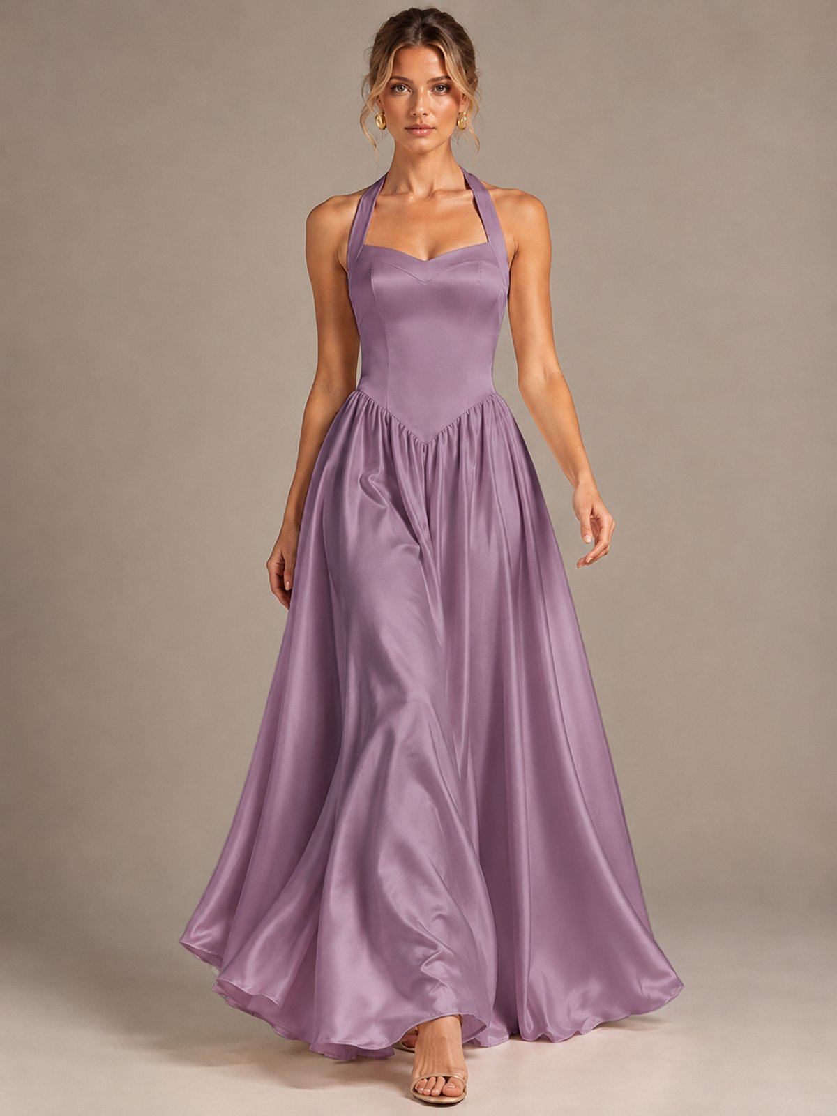 Light Yellow Halter Neck Satin A-Line Maxi Dress with Pockets
