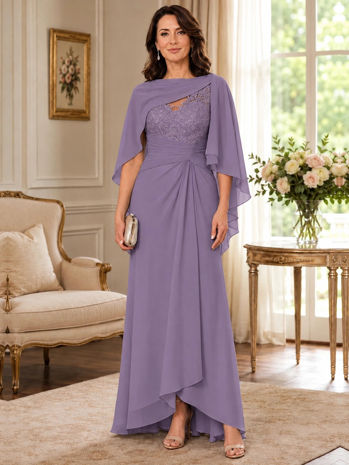 Elegant Chiffon Mother of the Bride Dress with Lace Applique and Cape Sleeves