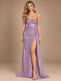 Burgundy Sequin Corset Prom Dress with High Slit