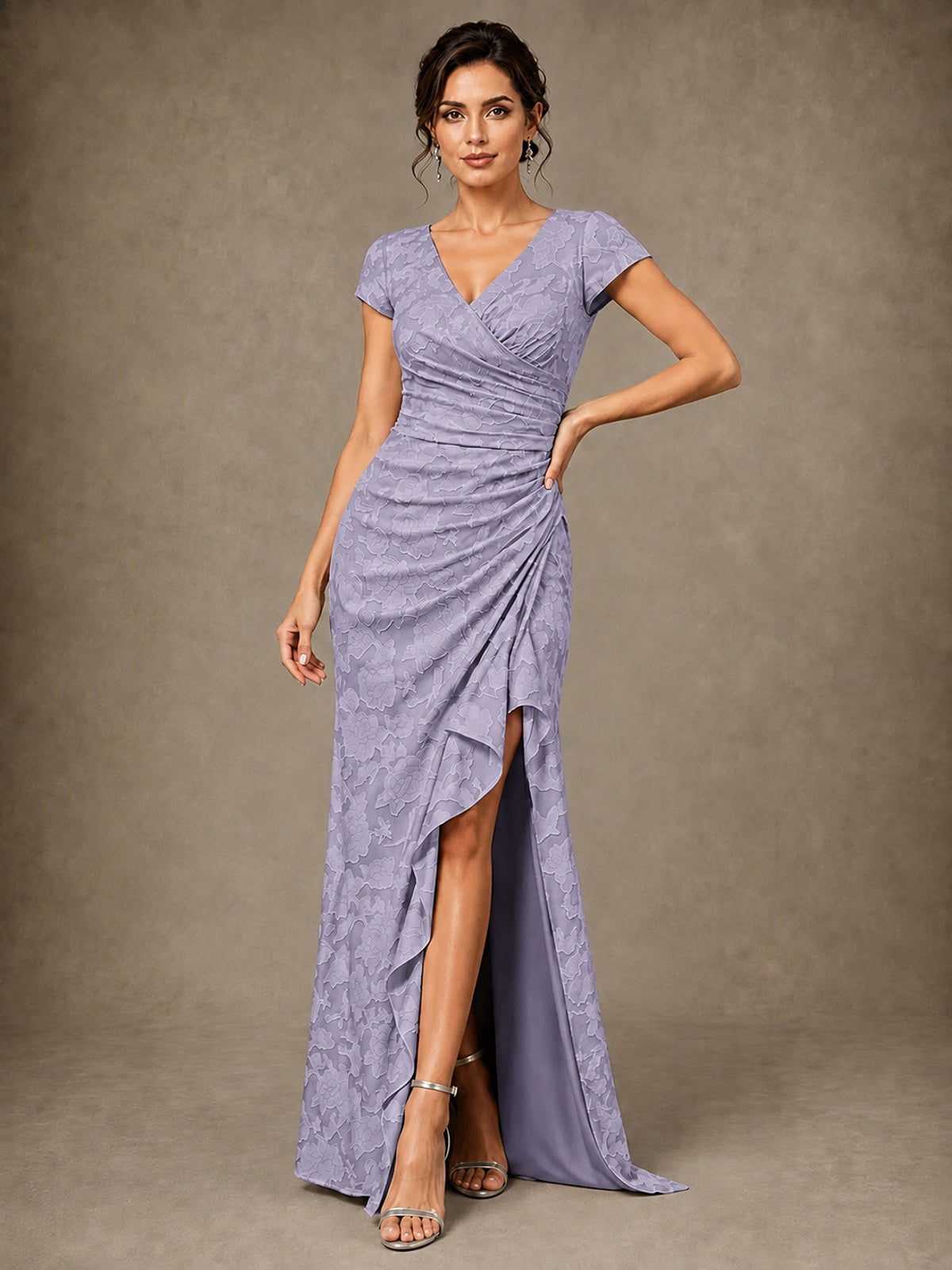V-Neck Floral Jacquard Mother of the Bride Dress with Slit