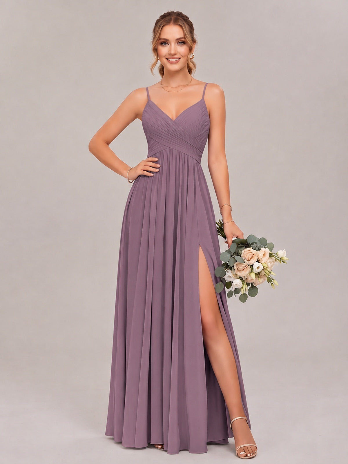 Wisteria Spaghetti Straps Pleated Chiffon Bridesmaid Dress with Slit V-Neck A-line Long Formal Evening Wedding Guest Gown